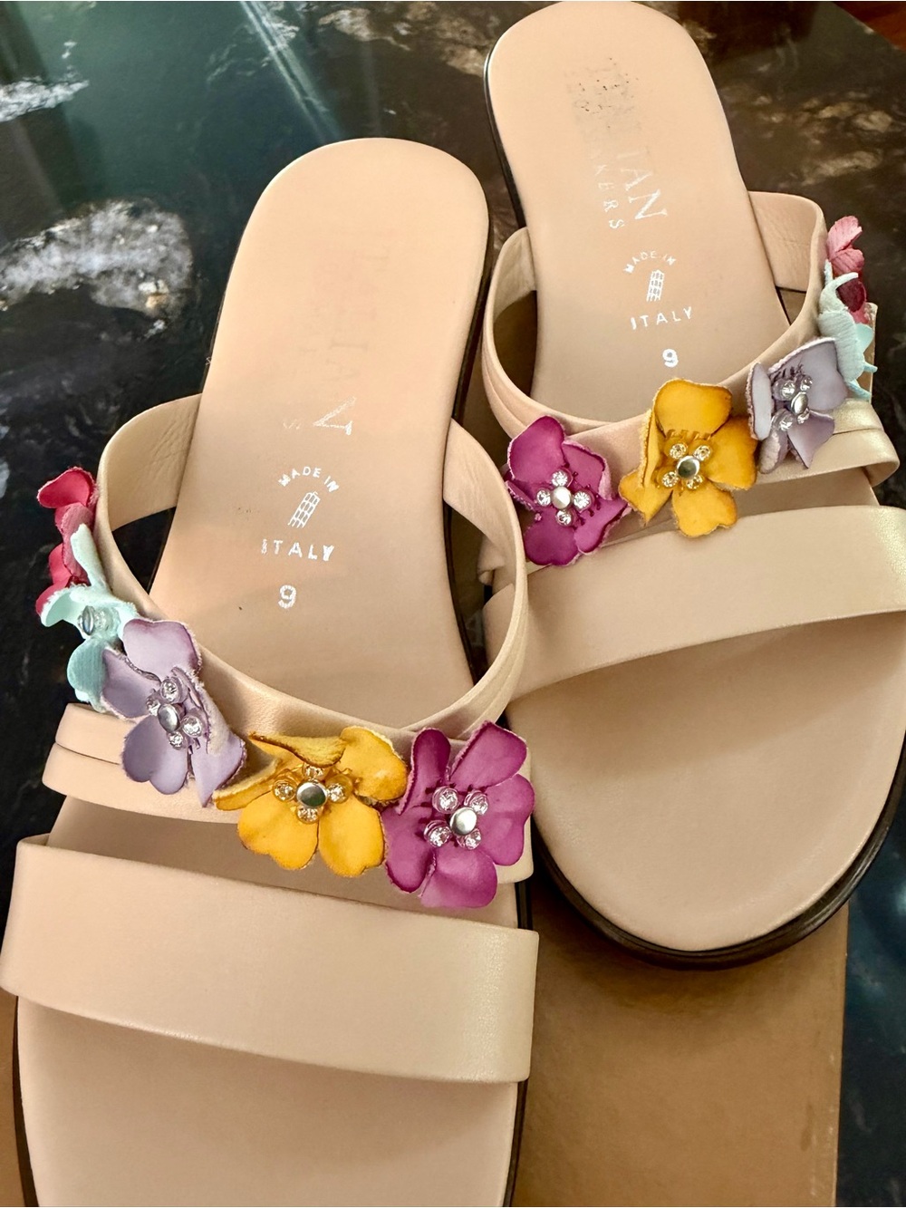 Italian Shoemakers Nude Slide Wedge Sandals with Multicolor Floral Appliqués - Picture 3 of 11